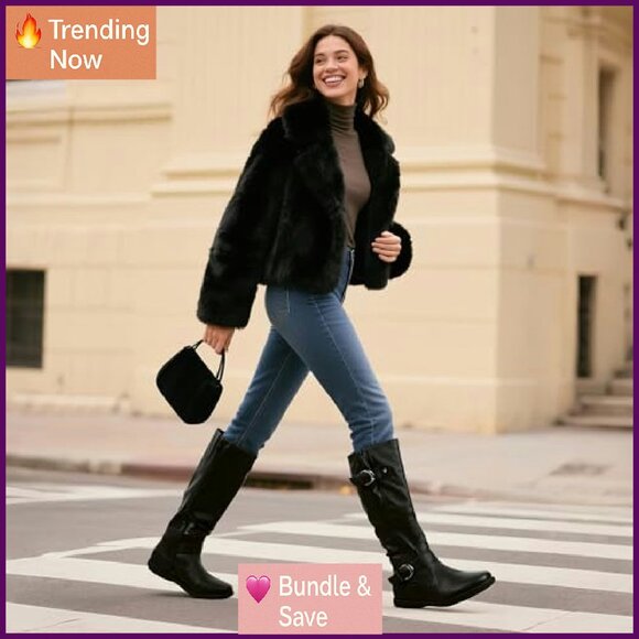 Women's Faux Fur-Lined Knee High Winter Boots Stiletto Heel Zipper - Picture 3 of 8